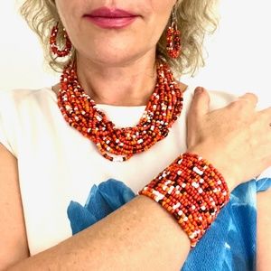 NWT MULTIPLE ROW BEADED STATEMENT NECKLACE EARRINGS & BRACELET JEWELRY SET